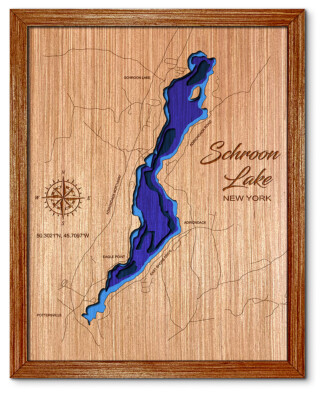 Schroon Lake New York 3D laser cut wood lake map. lake house decor