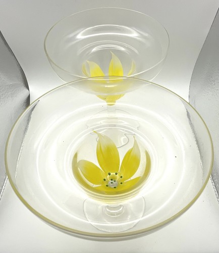 1950s VTG 2 RARE Hand Painted Art Glass Tulip Floral Yellow Margarita Stemware