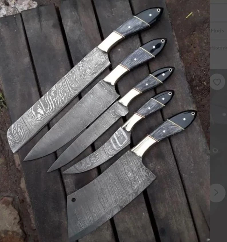 5-Piece Handmade Stainless Steel Kitchen Knife Set with Wood Handles & Sheath