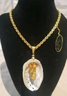 Vintage Signed Miriam Haskell Abolone Shell Peach Gold Tone Pendant Necklace