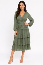 ASTR THE LABEL Midi Dress  M Sage Green Floral V-Neck Ruched Tiered 
