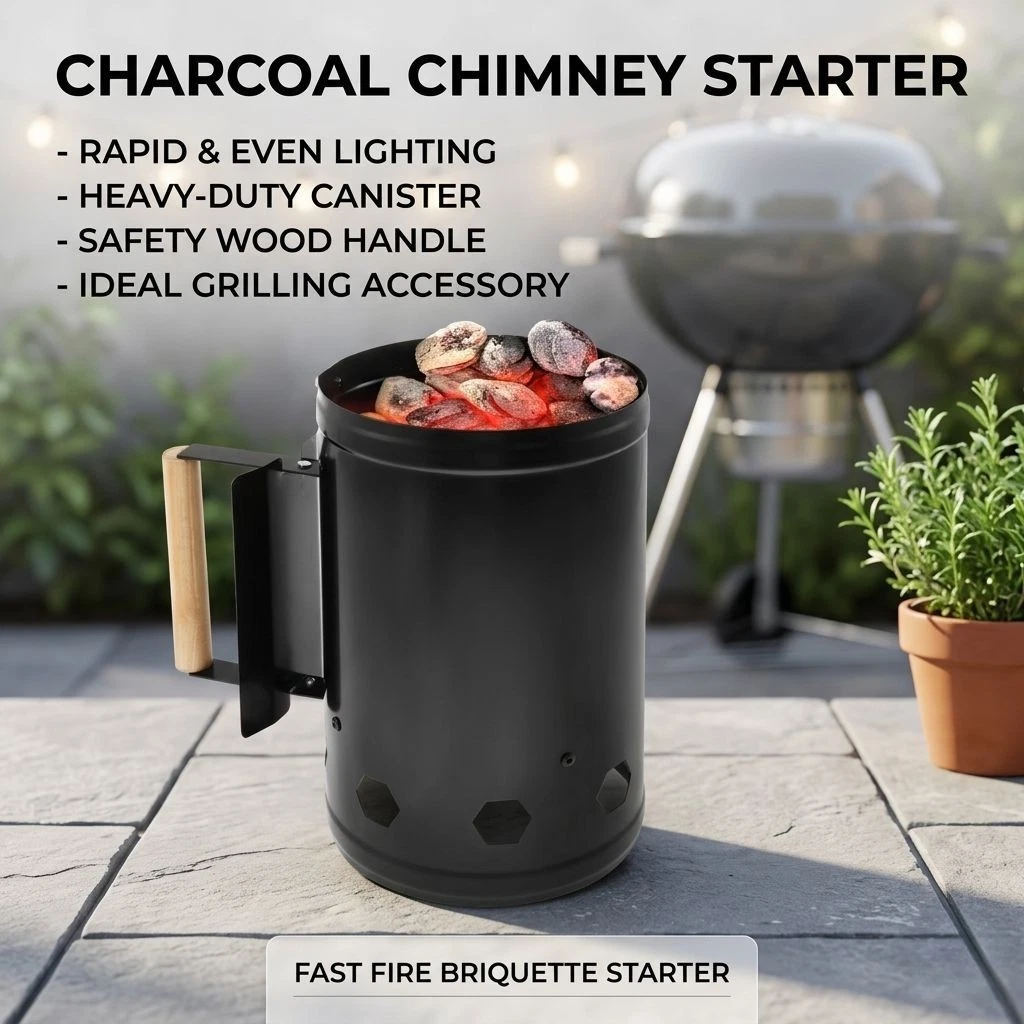 Charcoal Chimney BBQ Grill Fire Starter Outdoor Cooking Tool With Wooden Handle