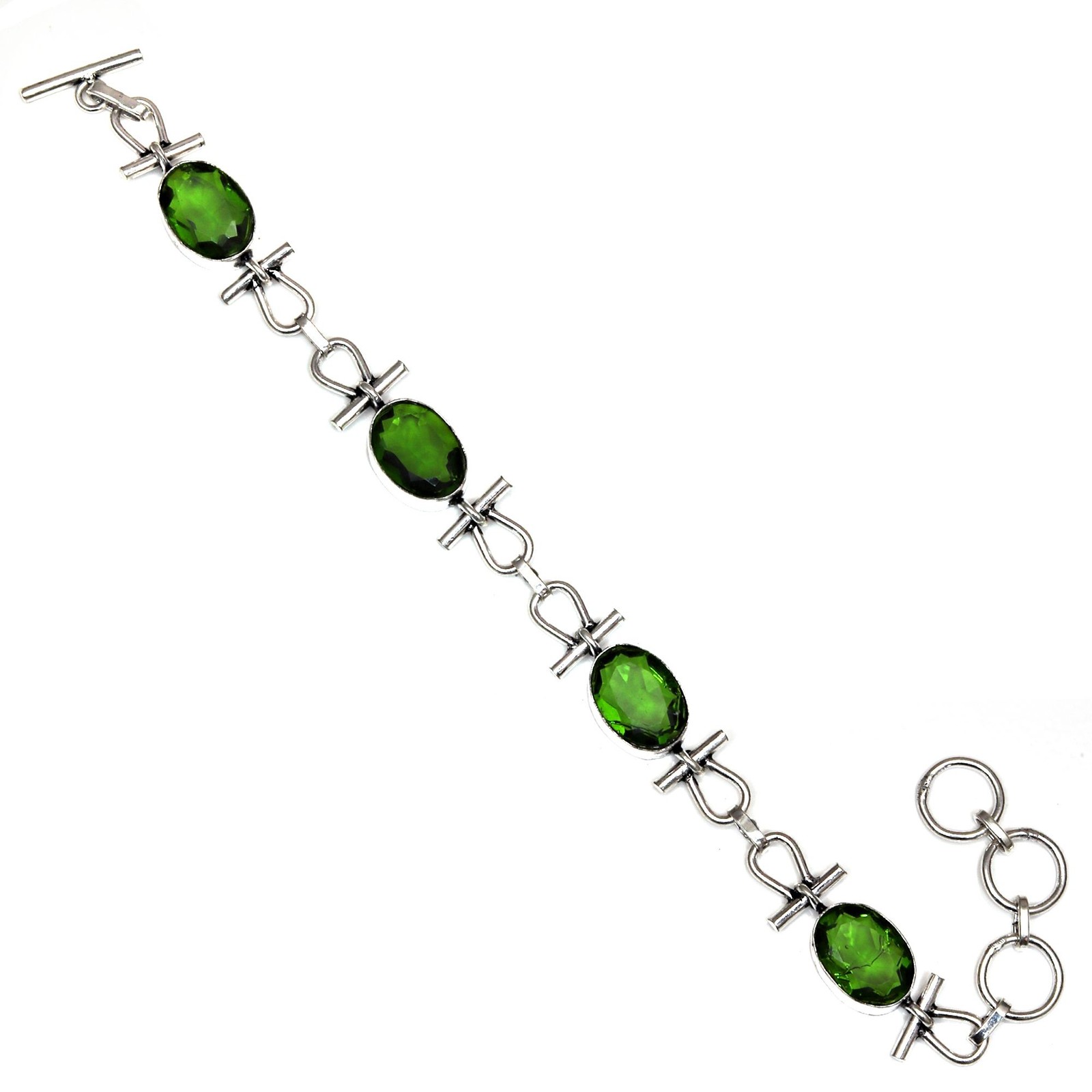 Sterling Silver Peridot and Quartz Green Gemstone Bracelet 7-8 Inches-image