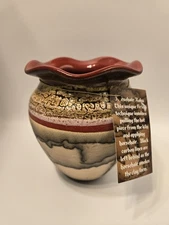 Horsehair Rakin Handcrafted 6" Clay Pot Ruffled Rim NWT Signed"R"