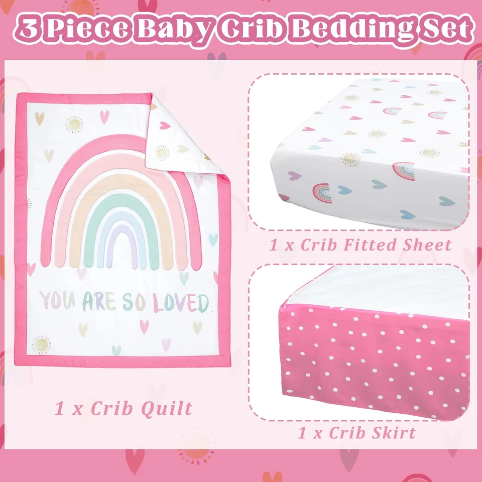 Juego de cama de cuna boho arco iris de 3 piezas para niñas cita inspiradora rosa bebé... Foto 2 de 4