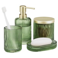 Glass Bathroom Set - Durable 4 Piece Accessory Set in Sage Green - Vanity Hom...