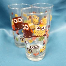 Set 3 Vintage Libbey Crisa Hoot Owl Glass Tumblers 6" Woodland Animals