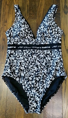 Tommy Hilfiger Swimsuit One Piece Women's Size 12 Floral Black White Mesh Trim