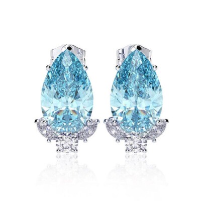 Simulated Blue Topaz  2.00Ct Pear Cut Women's Stud Earring 14K White Gold Plated