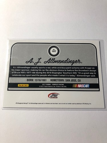 AJ Allmendinger 2017 Panini Donruss NASCAR #107 Duals Racing Card - Picture 2 of 2