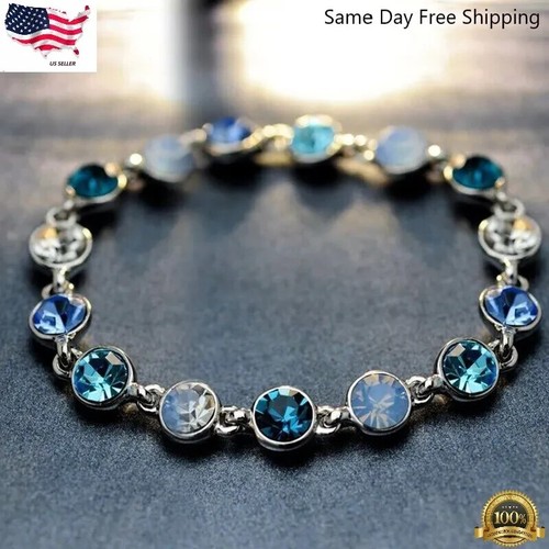 925 Silver Gold Women Cubic Zirconia Chain Bangle Cuff Bracelet Wedding Jewelry - Picture 3 of 4