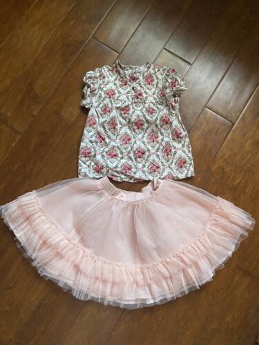 LN JANIE and JACK Girls Holiday Party 2pc Rose Top Shirt Peach Tulle Skirt 5 6 7 - Afbeelding 1 van 6