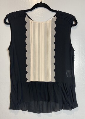 Axara Paris Sheer Chiffon Blouse Women's Size 38 Black Dainty Scalloped Peplum