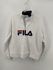 FILA Large Logo Pullover 1/4 Zip Sweatshirt White Navy Neck