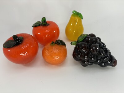 Vintage Hand Blown Glass Fruit Set Decor - Grapes Tomato Apple Orange Pear