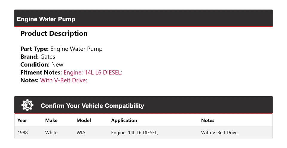 Puertas de bomba de agua para motor diésel WIA 14L L6 1988 blancas Foto 2 de 4