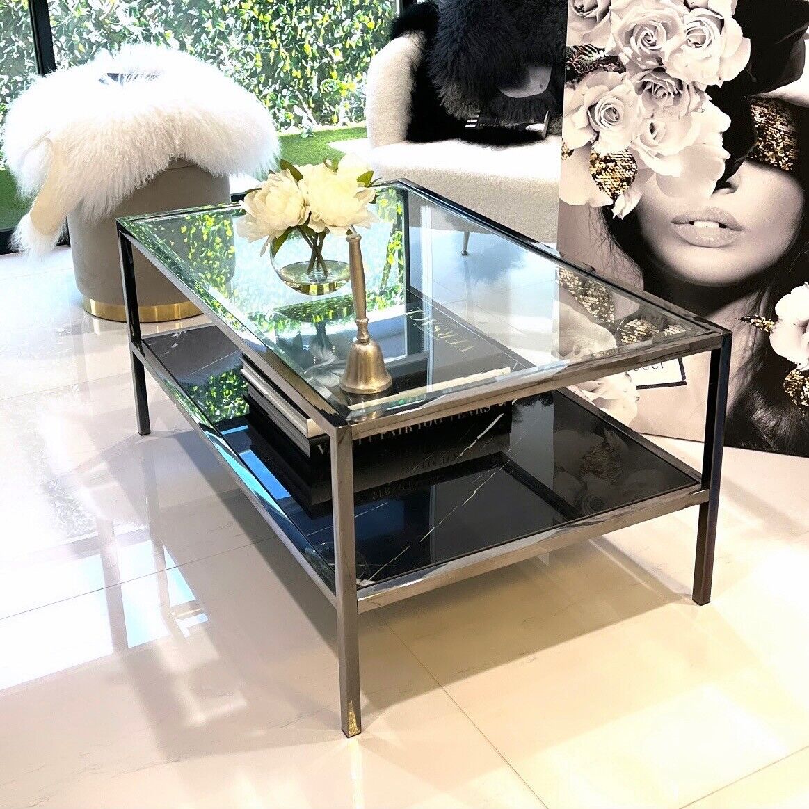 INTERIOR AVE - Vogue Polished Titanium Black Marble Stone Rectangle Coffee Table