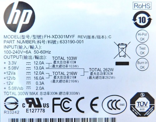 HP FH-XD301MYF Rev:C (P/N 633190-001) 300 Watt Netzteil ~mit Rechnung - Afbeelding 3 van 3