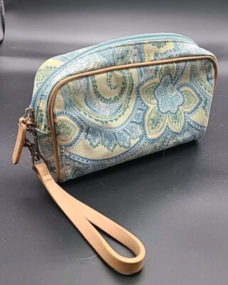 Talbots Cotton Cosmetic Case Wristlet Faux Leather Trim Blue Floral Travel Case