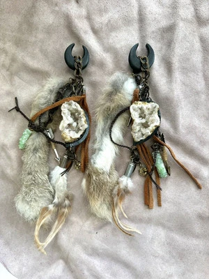 HANDMADE ~ Ear Gauges ~ Plugs ~ Crystal Geodes/Rabbit Fur/Feathers/Crystals - Image 1 of 4