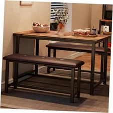  Dining Table Set for 4, Kitchen Table and 2 Upholstered Benches Rustic Brown