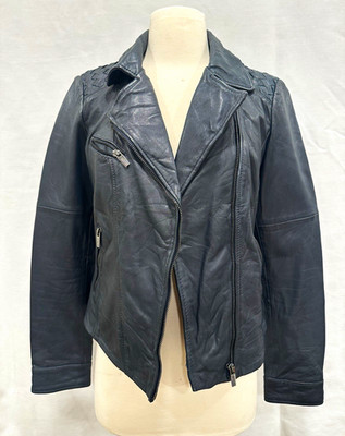 Esprit Women's Black Leather Biker Jacket Full Zip Collared Lined Size S