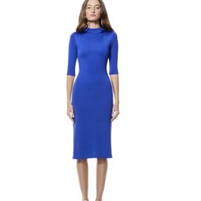 Alice and Olivia Bodycon Dress Womens 10 Blue Excellent V-Neck Midi Elbow Sleeve
