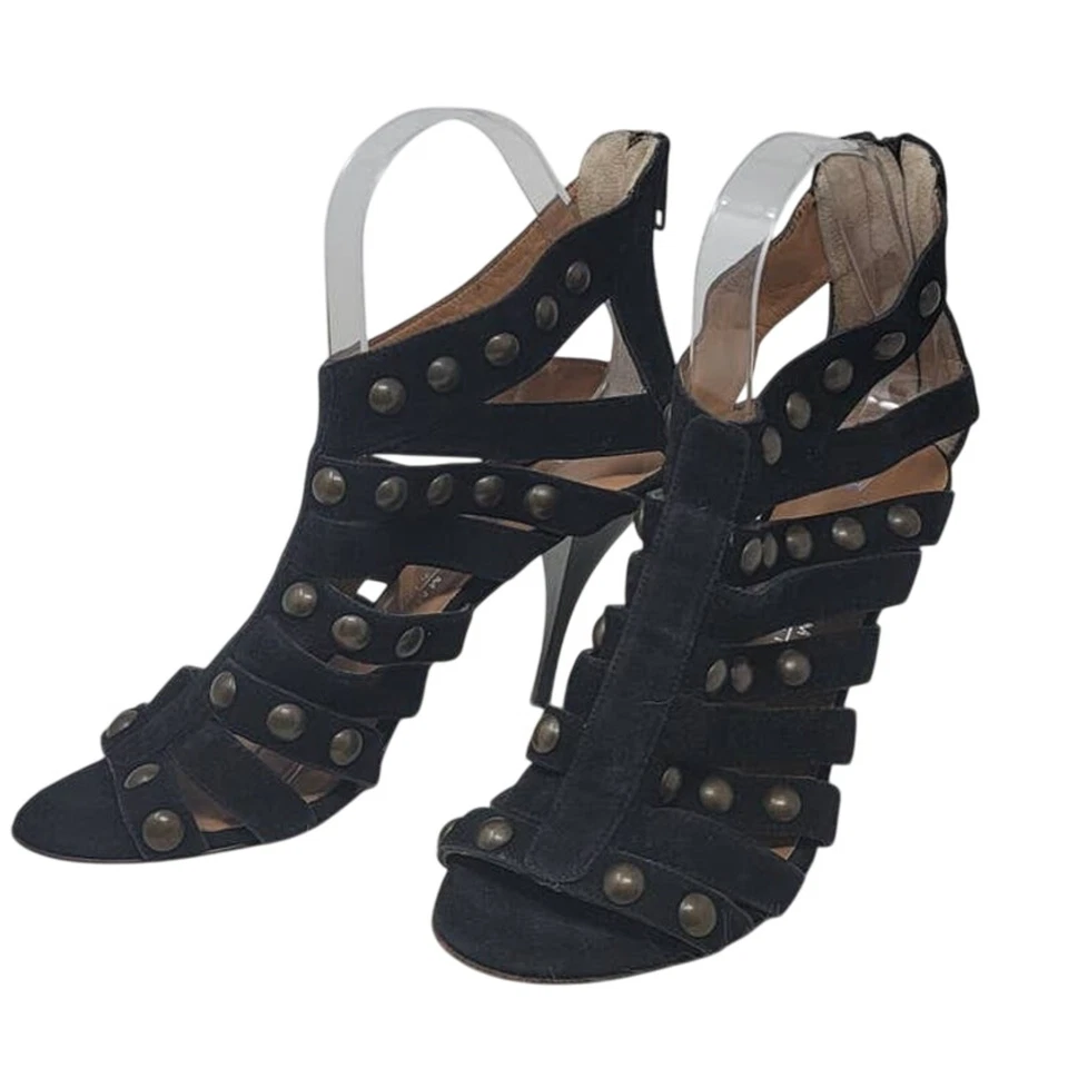 LATITUDE FEMME Negro Tachonado Tirantes Punta Abierta 4" Tacones Para Mujer 37.5 - 7US Foto 3 de 4