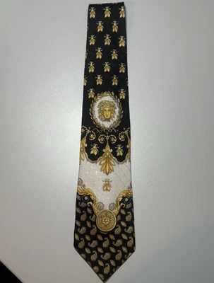 Gianni Versace Herren Krawatte 100% Seide - Schwarz/Gold/Weiß Paisley Logo - Bild 1 von 4
