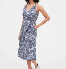 GAP Womens XL Linen Cotton V-Neck Zebra Print Midi Dress Pockets Lined Coastal