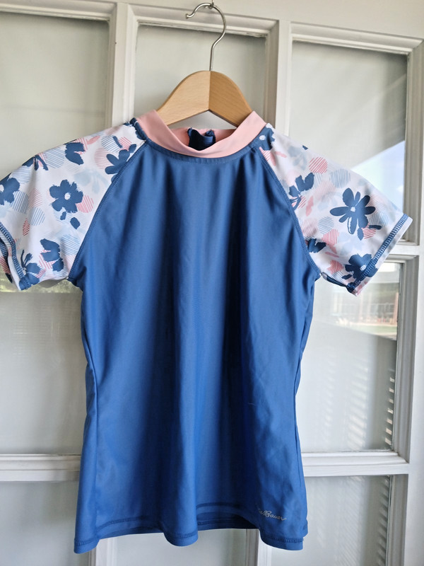 eddie bauer swim rash guard  shirt short sleeve girl 10-12 blue pink floral