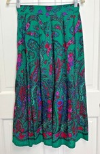 Vintage Claude Midi A Line Skirt Pockets Green Purple Paisley Floral Boho