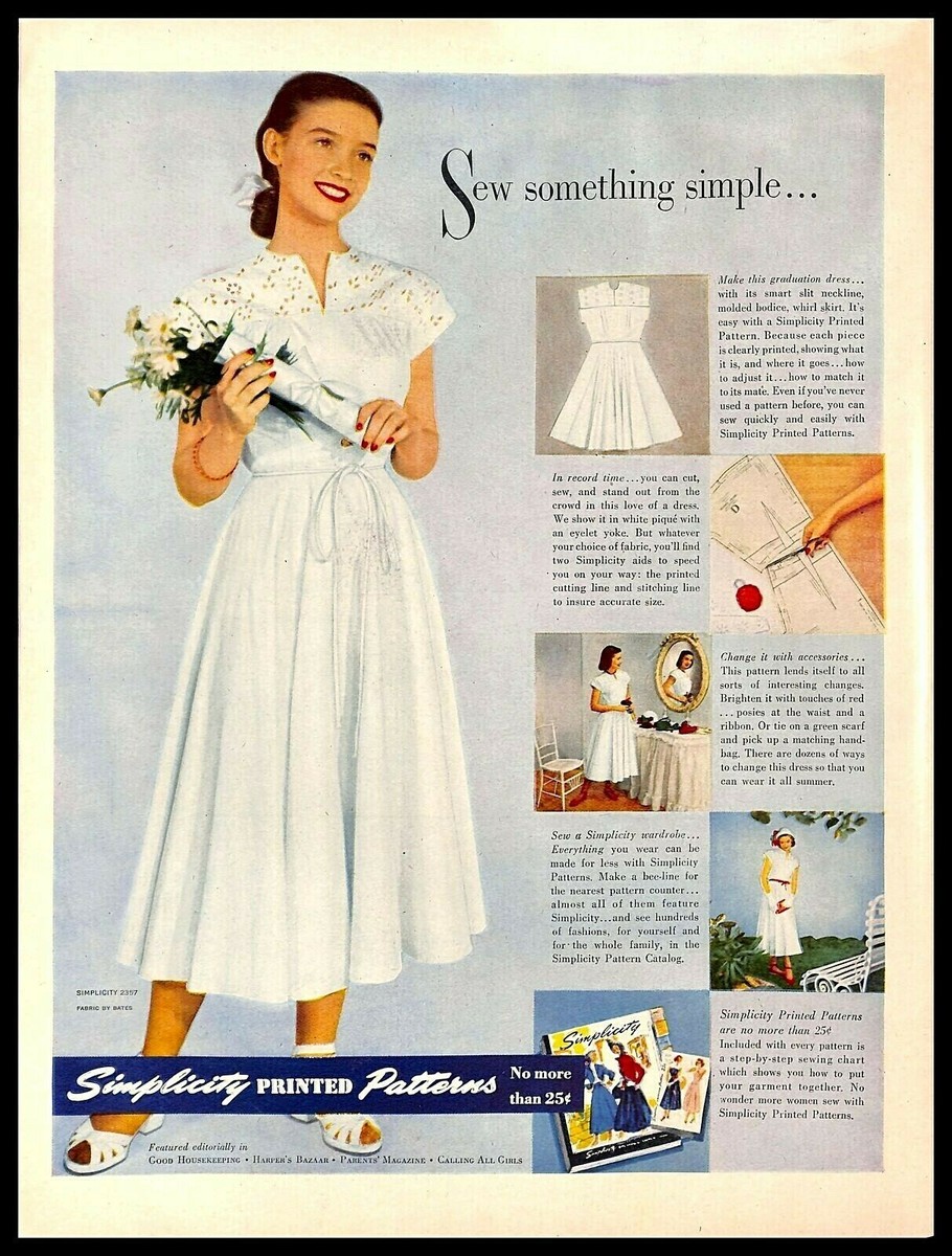 1948 Simplicity Printed Patterns Vintage PRINT AD Girl White Graduation  Dress | eBay