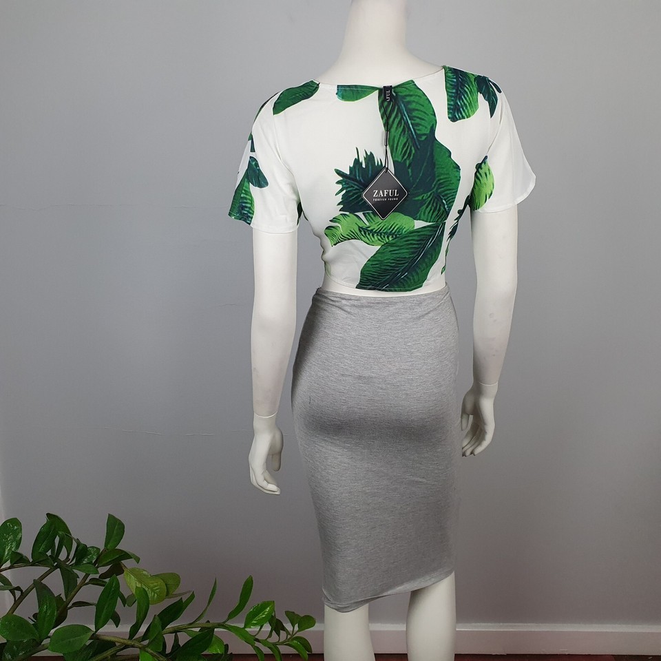 Zaful Size 10 Women Crop Top Blouse Green Floral Tropical Short Sleeve