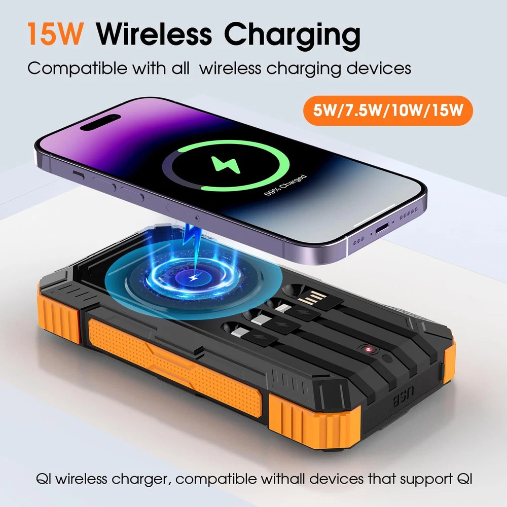 Power Bank Solar Charger,49800mAh Wireless Portable Charger with 4 Built-in C...