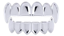 Men's Vampire GRILLZ SET Fangs Silver Toned Top & Bottom Teeth Dracula LS020 S