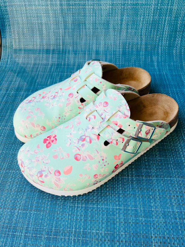 Mint Floral Cherry Blossom Boston Birkenstocks Size 39 N Nursing Non