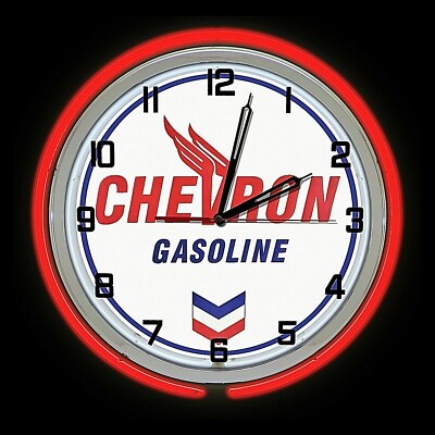 19" Chevron Gasoline Oil Sign Double Red Neon Clock Man Cave Garage Gas ...