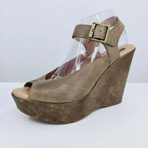 Korks by Kork Ease Platform Wedge Sandals 10 Taupe Leather Peep Toe Ankle Buckle