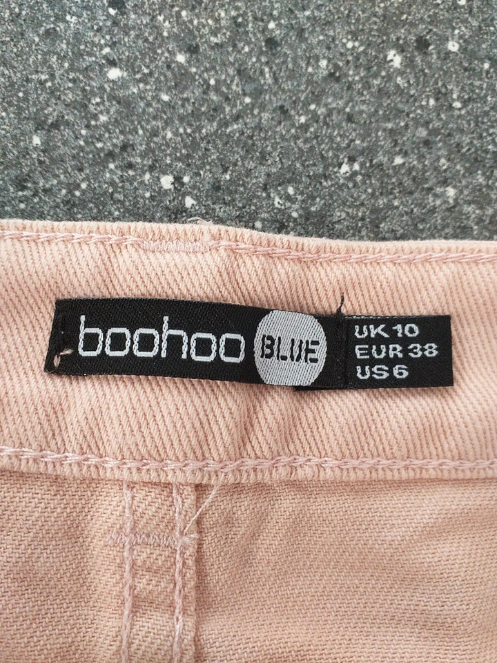 Boohoo Pink Denim Mini Skirt Size 10 Slight Distressed Look - Good Condition  - Image 2 of 4