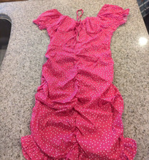 Polka Dot Lace Up Front Off Shoulder Ruffle Hem Bodycon Dress Pink size M