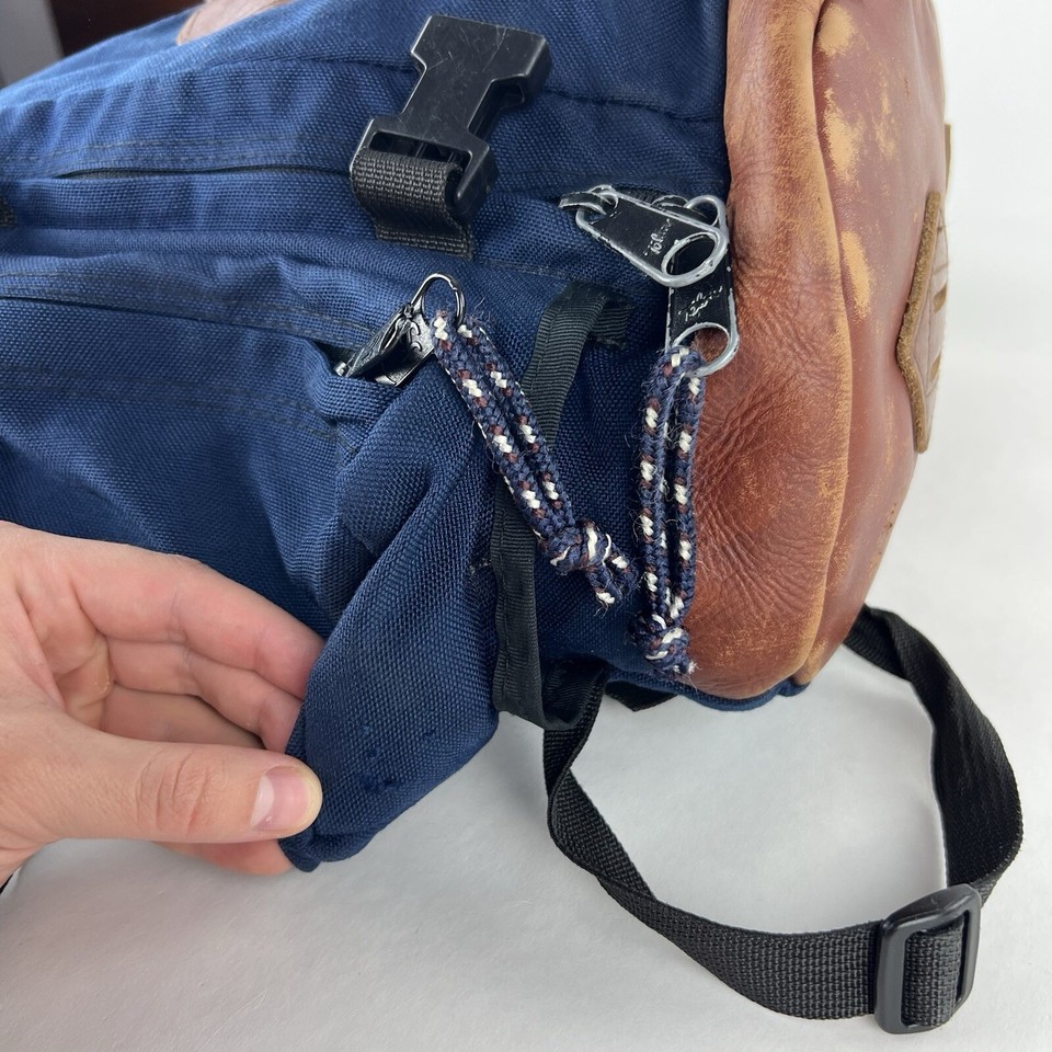 Jansport Super Sack Backpack Bag Navy Blue Leather Bottom Made In USA