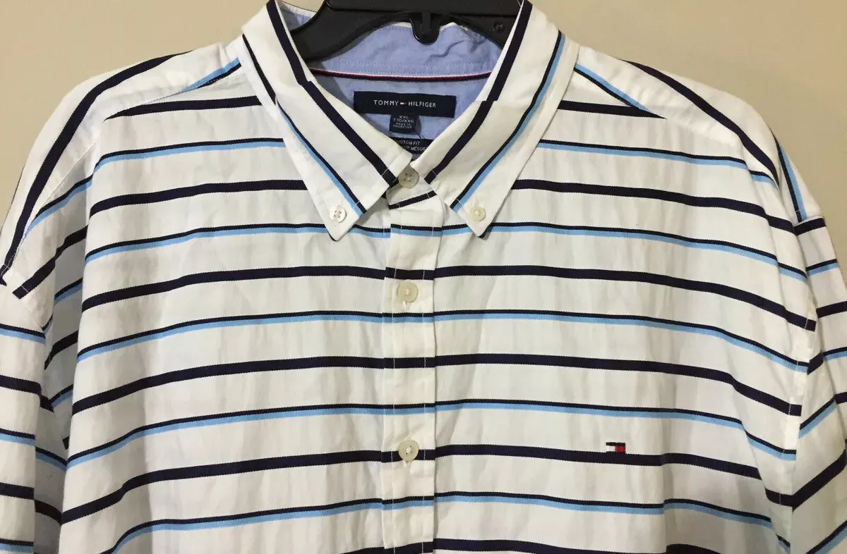 Tommy Hilfiger Mens White Blue Horizontal Striped Custom Fit Shirt