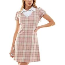 PLANET GOLD Plaid Mini Shirtdress Juniors Silver/Pink Collared Pullover Size M