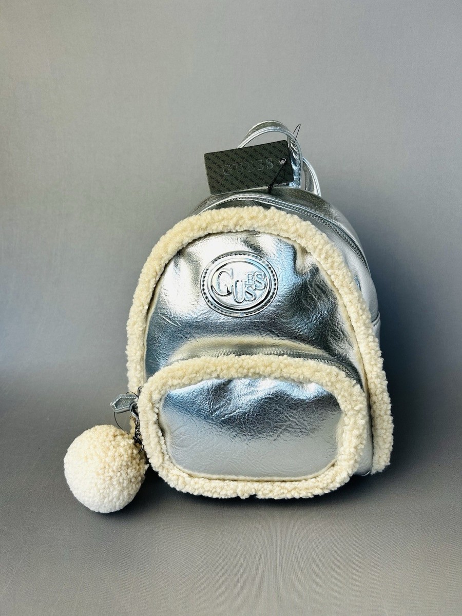 Guess Gina Sherpa Mini Backpack Metallic Silver NEW With Tags