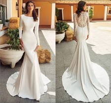 Mermaid Wedding Dress Satin Long SleeveLace Bride Dresses With Romantic Buttons