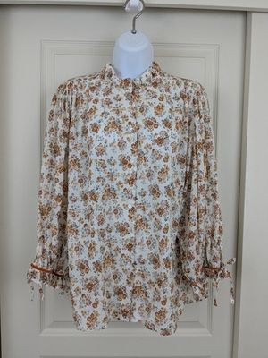 #ad #ad Sundance Womens Puff Sleeve Button Up Shirt Ivory Floral Ruffle Size L Cotton $26.95