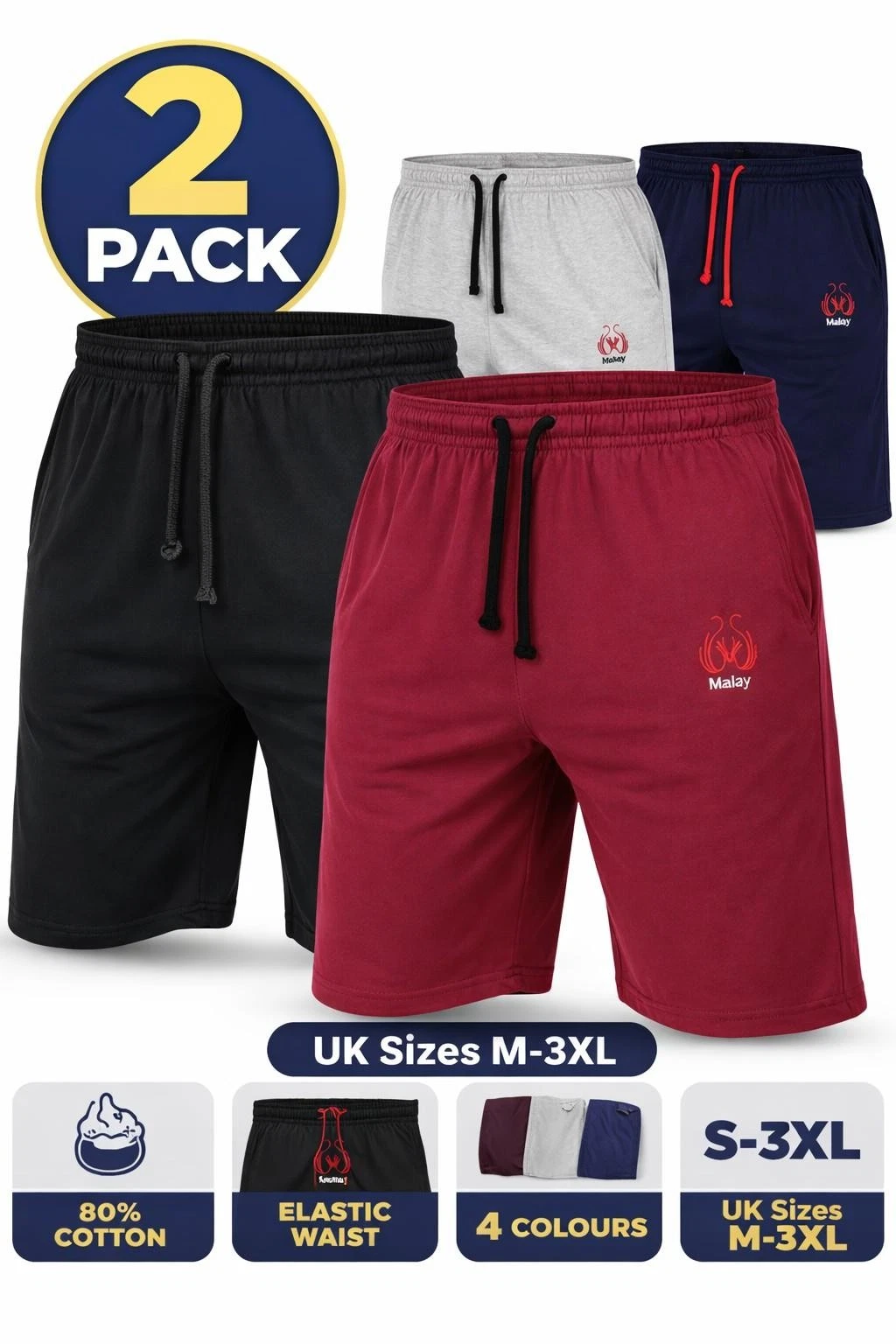 Mens Jersey Shorts 2 Pack Cotton Blend Gym Casual Elastic Waist M-3XL
Opens in a new window or tab