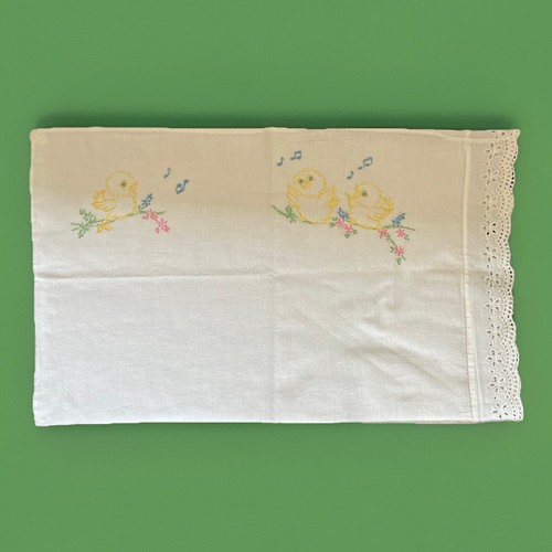 Vintage Hand Embroidered Yellow Singing Birds Baby Crib Pillow Case Cover