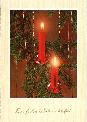 German Christmas Postcard Red Candles on Pine Branches Deutsche Stamp